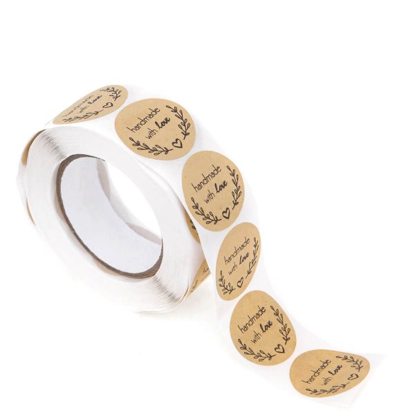 Handmade with Love round stickers, 500 pcs roll,  Kraft