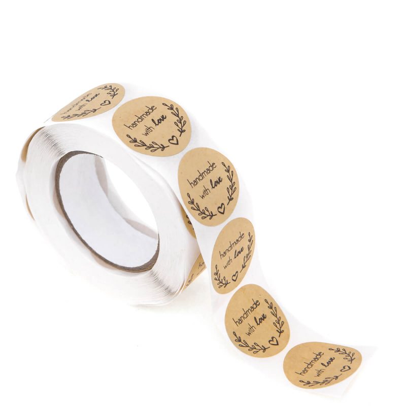 Handmade with Love round stickers, 500 pcs roll,  Kraft