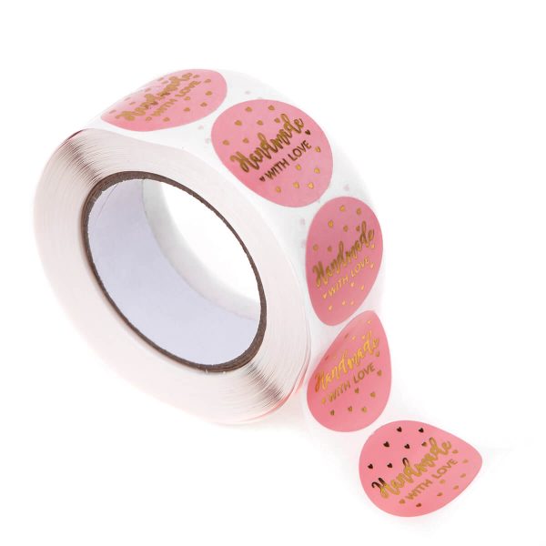 Handmade with Love round stickers, 500 pcs roll, Pink & Gold